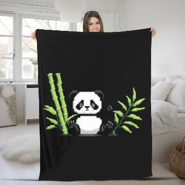 Discover A pixel art of a panda with a bamboo leaf Fleece Blankets