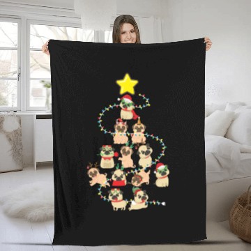 Discover Pug Christmas Tree Dog Santa Claus Hat Xmas Merry Fleece Blankets
