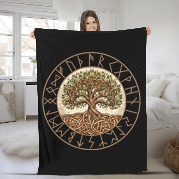 Discover Viking runes tree of Life round frame celtic Fleece Blankets