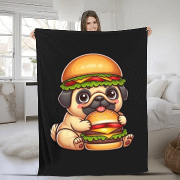 Discover Halloween dog pug hamburger hat quirky fast food Fleece Blankets