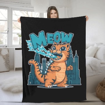 Discover Meowzilla - Cute Cartoon Tiger Breathing Lightning Fleece Blankets