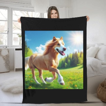 Discover The golden retriever-horse Fleece Blankets
