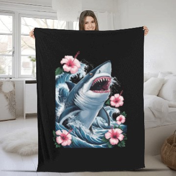 Discover Fierce Shark Amidst Waves and Hibiscus Blooms Fleece Blankets