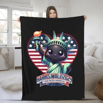 Discover Cute Cat as Statue of Liberty with Harris Walz Fleece Blankets