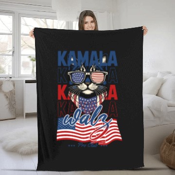 Discover Patriotic Cat with Sunglasses and Kamala-Walz 2024 Fleece Blankets