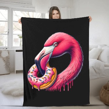 Discover funny feast for the eyes - flamingo with donut Fleece Blankets
