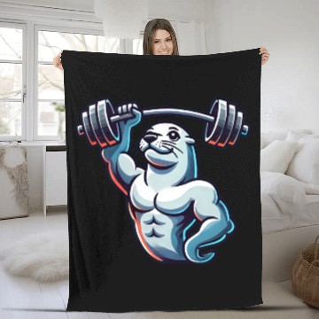 Discover Seal with Barbell Fitness Gym Training Fleece Blankets