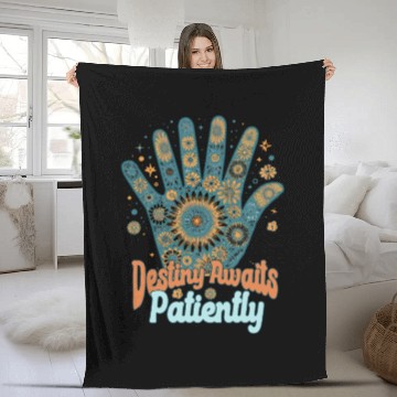 Discover SAYING: Destiny awaits patiently, retro palm, sun Fleece Blankets