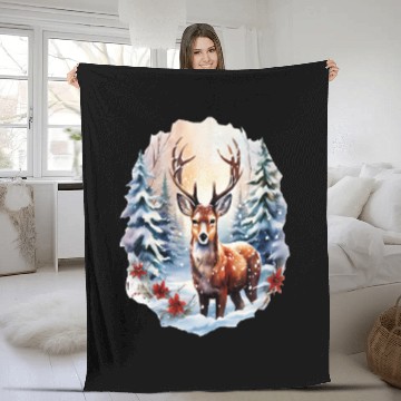 Discover Christmas Deer with Poinsettia and Snow Fleece Blankets