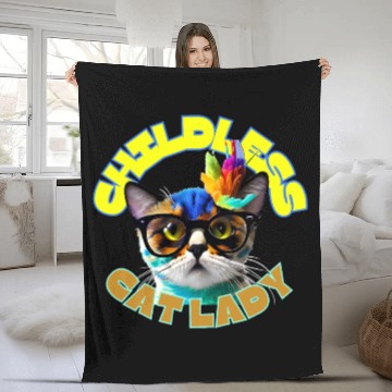 Discover Colorful Cat with Glasses - Childless Cat Lady Fleece Blankets