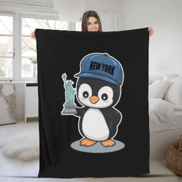 Discover New York Penguin Holding Statue Of Liberty Fleece Blankets