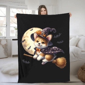 Discover Corgi Witch Flying on Broom Halloween Moon Bats Pr Fleece Blankets