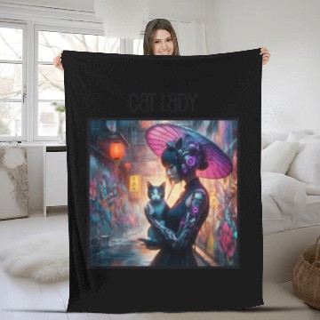 Discover Cat Lady (Cyberpunk) Street Art v2 Fleece Blankets