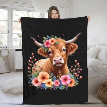 Discover Cute Scottish Highland Cow Floral Fleece Blankets