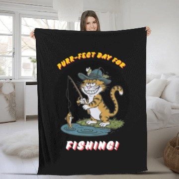 Discover cool fishing cat funny design Fleece Blankets