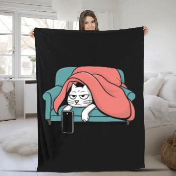 Discover Bored Cat on Couch With Smart Phone Fleece Blankets
