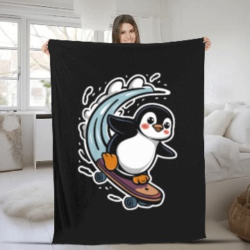 Discover Penguin Skateboarding Adventure Fun Fleece Blankets