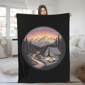 Discover Mountain Morning: Peaceful Camping Monoline Fleece Blankets