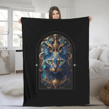 Discover Elegant stylish blue and gold cat face Fleece Blankets