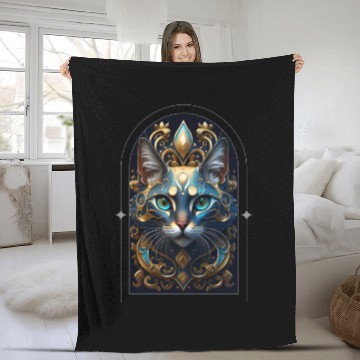 Discover Elegant stylish blue and gold cat face Fleece Blankets