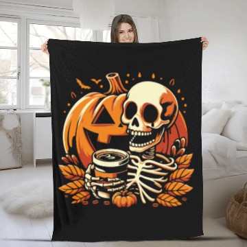Discover Coffee Drinking Skeleton Pumpkin Halloween Costume Fleece Blankets
