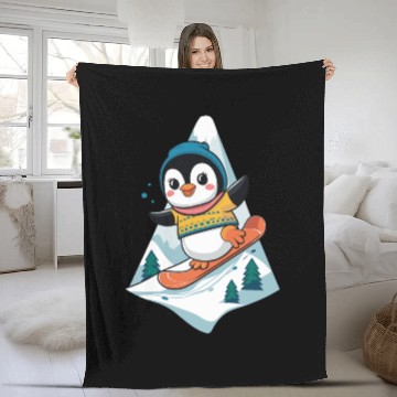 Discover Cute Snowboarding Penguin Adventure Fleece Blankets