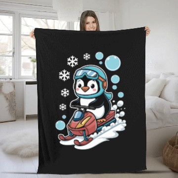 Discover Cute Penguin Riding Snowmobile Winter Fun Fleece Blankets