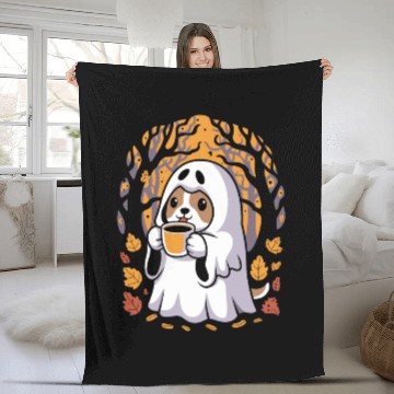 Discover Cute Ghost Dog Sipping Coffee Halloween Fleece Blankets