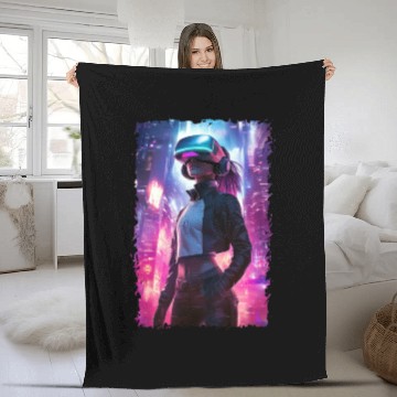 Discover Cyberpunk VR Girl - Futuristic Virtual Reality Fleece Blankets