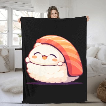 Discover Kawaii White Cat Salmon Nigiri Sushi Fleece Blankets