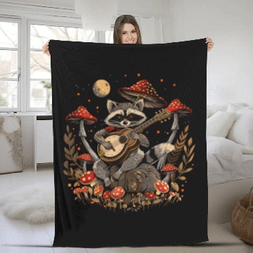 Discover Cottagecore Aesthetic Racoon Playing Guitar Mushro Fleece Blankets