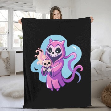 Discover skeletal figure, violet pink robe, lavender puppy Fleece Blankets