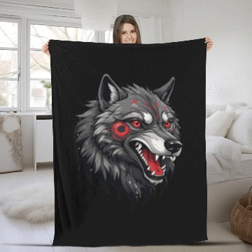 Discover Fierce Wolf Head Illustration with Red Tribal Mark Fleece Blankets
