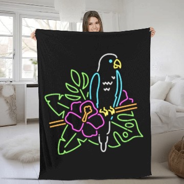 Discover Neon Tropical Parrot with Hibiscus Flower - Colorf Fleece Blankets