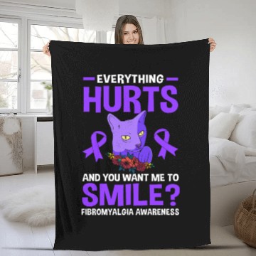 Discover Everything Hurts Cat Purple Ribbon Fibro Awareness Fleece Blankets