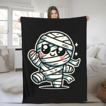 Discover Adorable Kawaii Mummy Running Halloween Fun Design Fleece Blankets