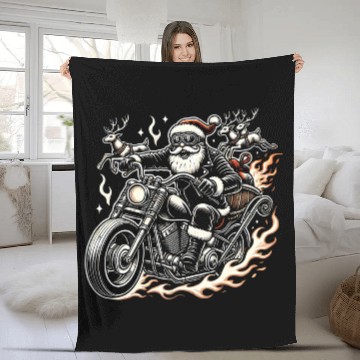 Discover Biker Santa Reindeer Ride Christmas Adventure Fleece Blankets