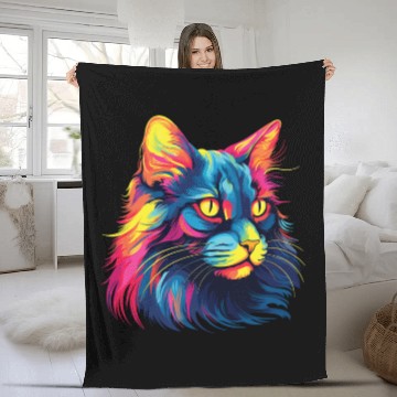 Discover Cat Watercolor Colorful Maine Cat Fleece Blankets