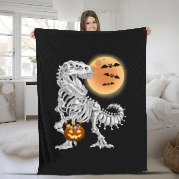 Discover Halloween Dinosaur Skeleton T rex Pumpkin Moon Fleece Blankets