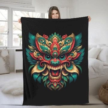 Discover Intricate Tribal Dragon Mask Fleece Blankets