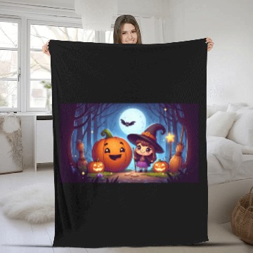 Discover Halloween Witch and Jack-o'-Lantern Scene Fleece Blankets