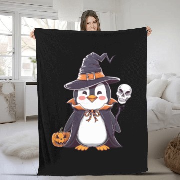 Discover Penguin Halloween Sorcerer with Pumpkin and Skull Fleece Blankets