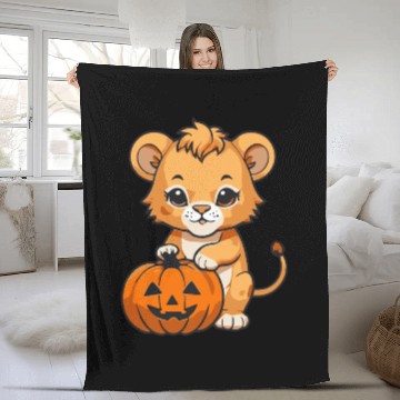 Discover baby lion with a halloween pumpkin Fleece Blankets