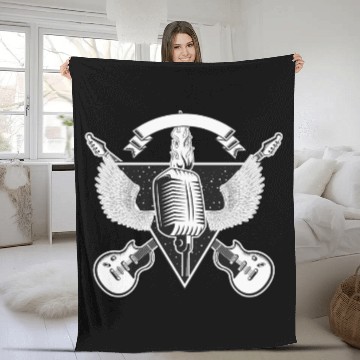 Discover Rock and Roll vintage guitar and microphone Retro Fleece Blankets