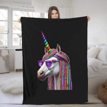 Discover Rainbow Unicorn with Braids and Sunglasses Swag Fleece Blankets