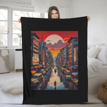 Discover Twilight Reflections in Neon City Fleece Blankets