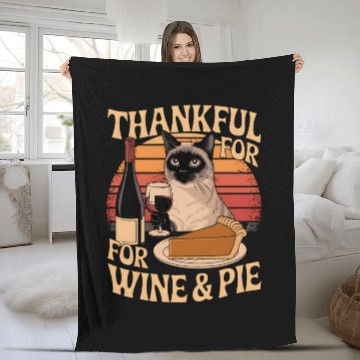 Discover Thanksgiving Wine and Pie Lover - Cute Cat Enjoyin Fleece Blankets
