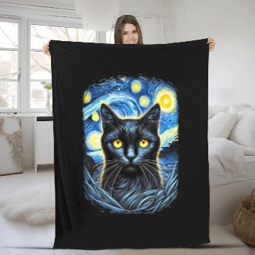 Discover Funny Starry Night Black Cat Van Gogh Art Cat Fleece Blankets