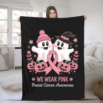 Discover In October Wear Pink Ghost Witch Breast Cancer Fleece Blankets
