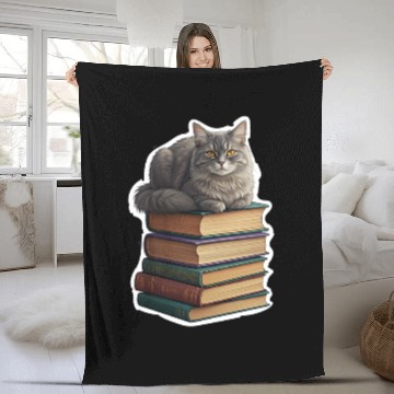 Discover Grey Cat Loaf On Books Fleece Blankets